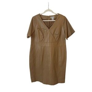 Jessica London Genuine Leather V-Neck Dress Tan Women's Size 14